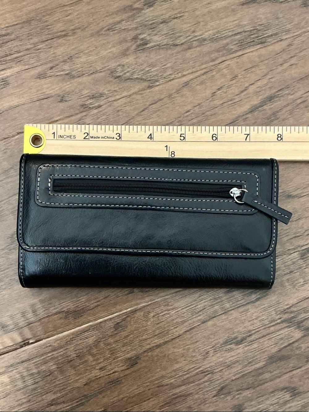 Genuine Leather Black Trifold Wallet with Front Zip Pocket - Picture 2 of 11